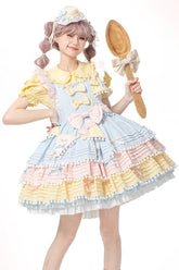 Blau/Rosa/Gelb Sweetheart Macaron Eiscreme Mehrlagiges Rüschen Bowknot Lolita Kleid
